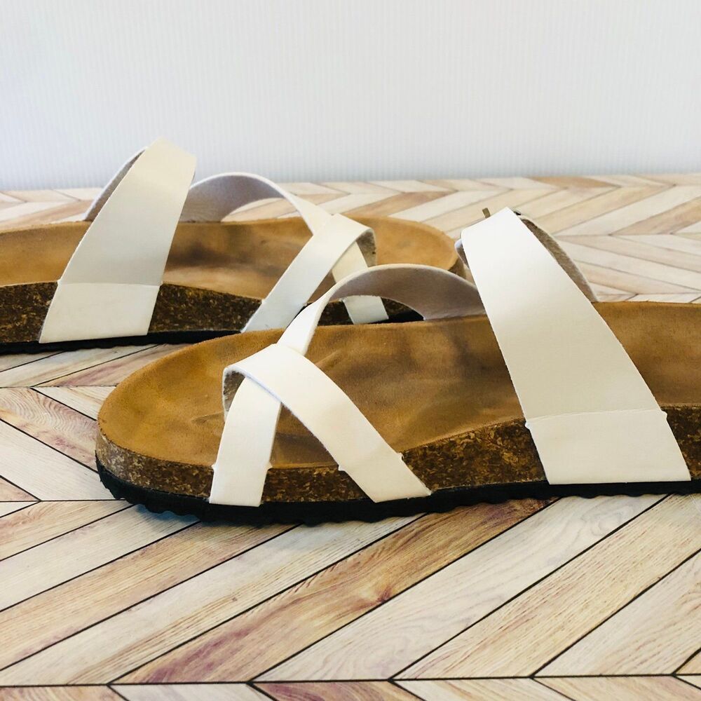 White Brown Toe Loop Strap Buckle Flat Sandals - image 5